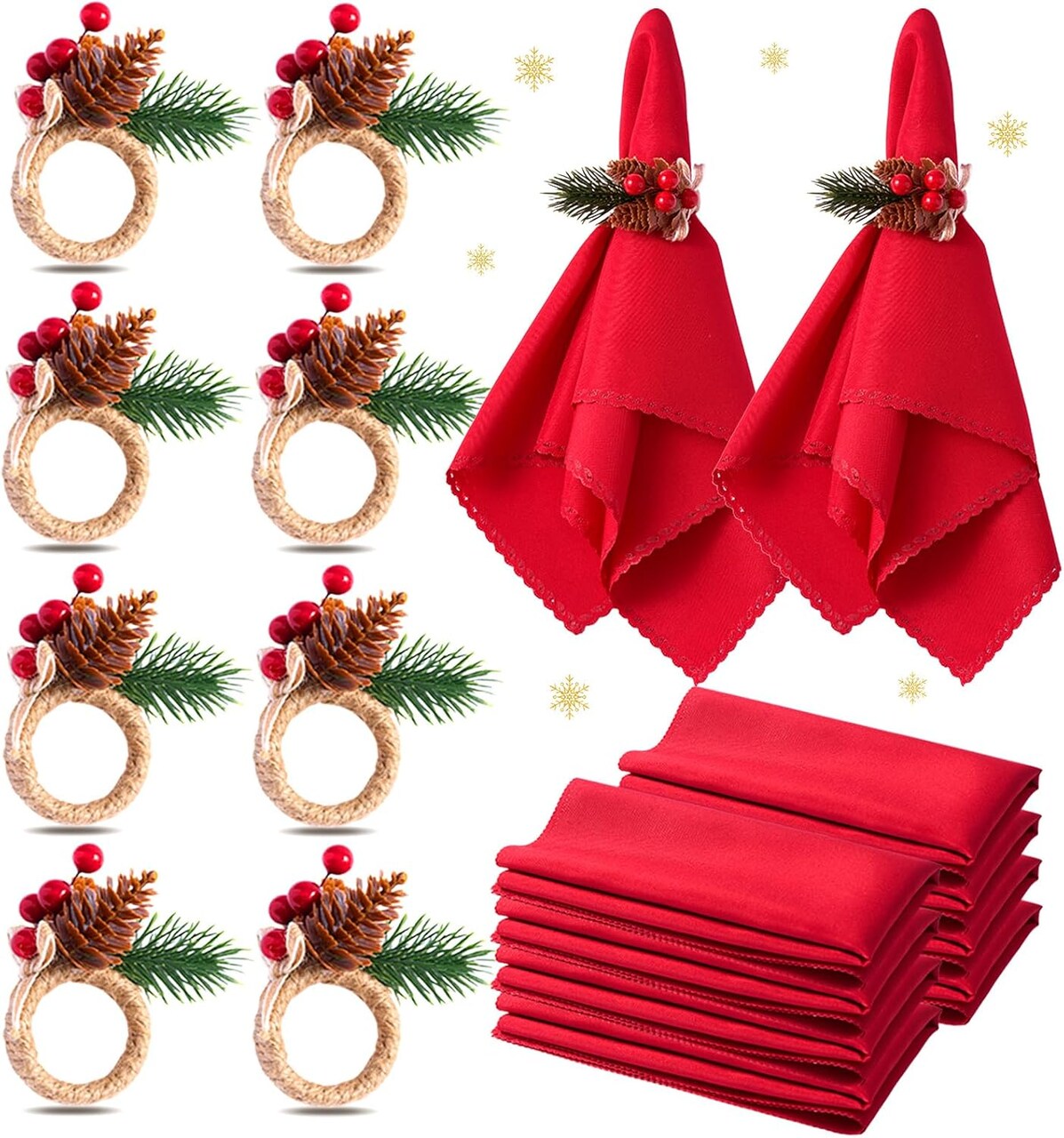 16 PCS Christmas Napkins Set, Evergreen Snowy Pinecone Christmas Napkin Rings Set of 8 & 8 PCS Christmas Cloth Napkins, Christmas Table Decorations for Christmas, Holiday Dinner Party